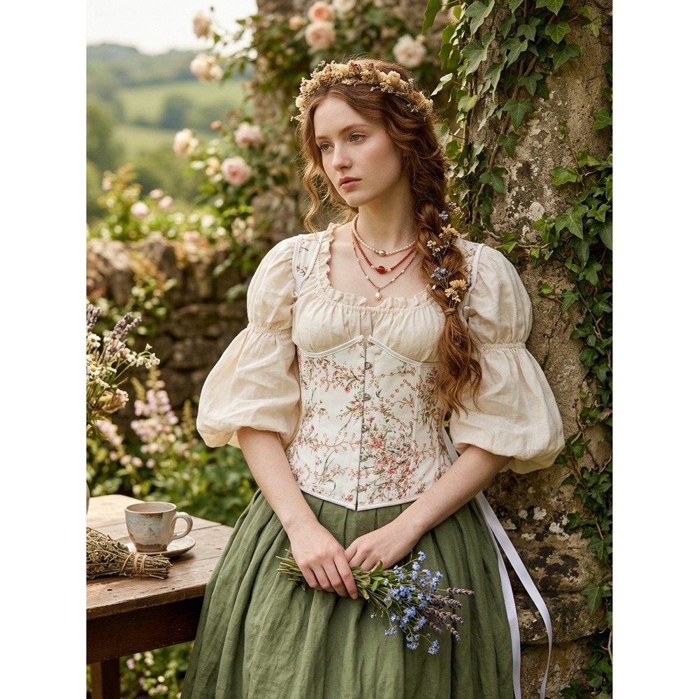 Floral Embroidered White Cottage Core Y2K Rennessiance Corset Womens L Fairytale